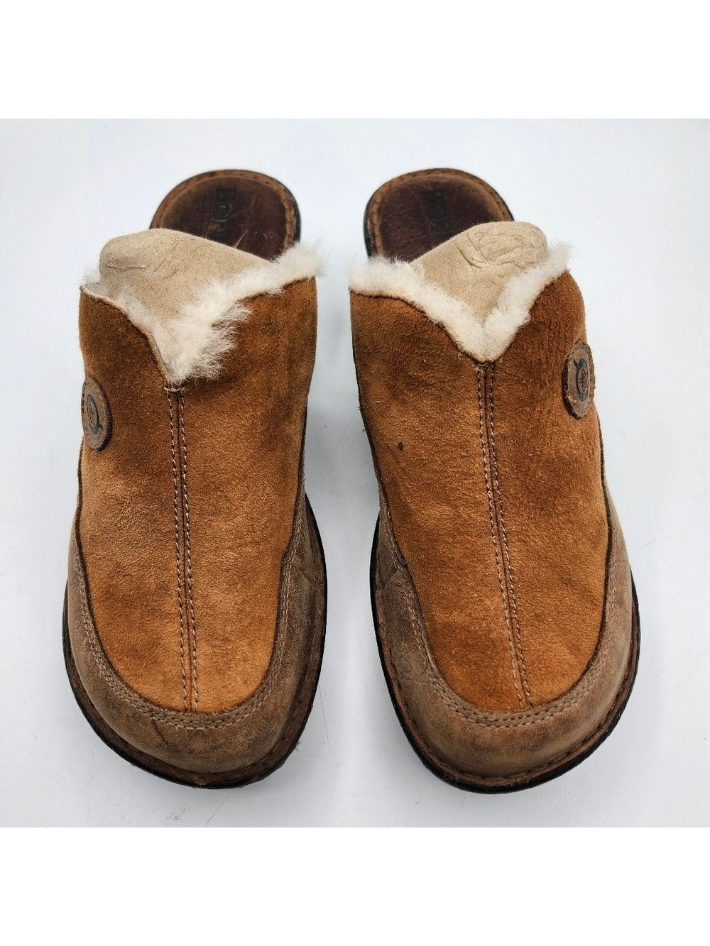 Born Leather Brown Mules w/Sheep Shearling Fur Sz 9